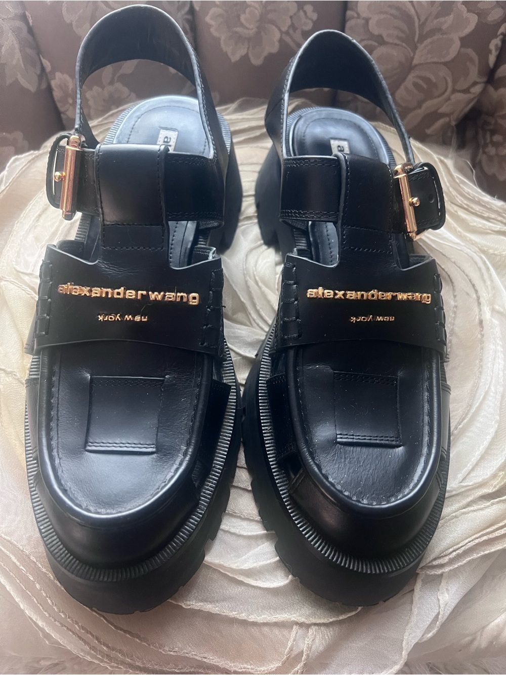 Alexander Wang Black Leather Logo Strap Sandal Loafers with Gold Hardware